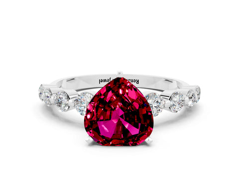 White gold Heart Cut Solitaire Garnet Ring with Pave Band and Four-Prong Setting