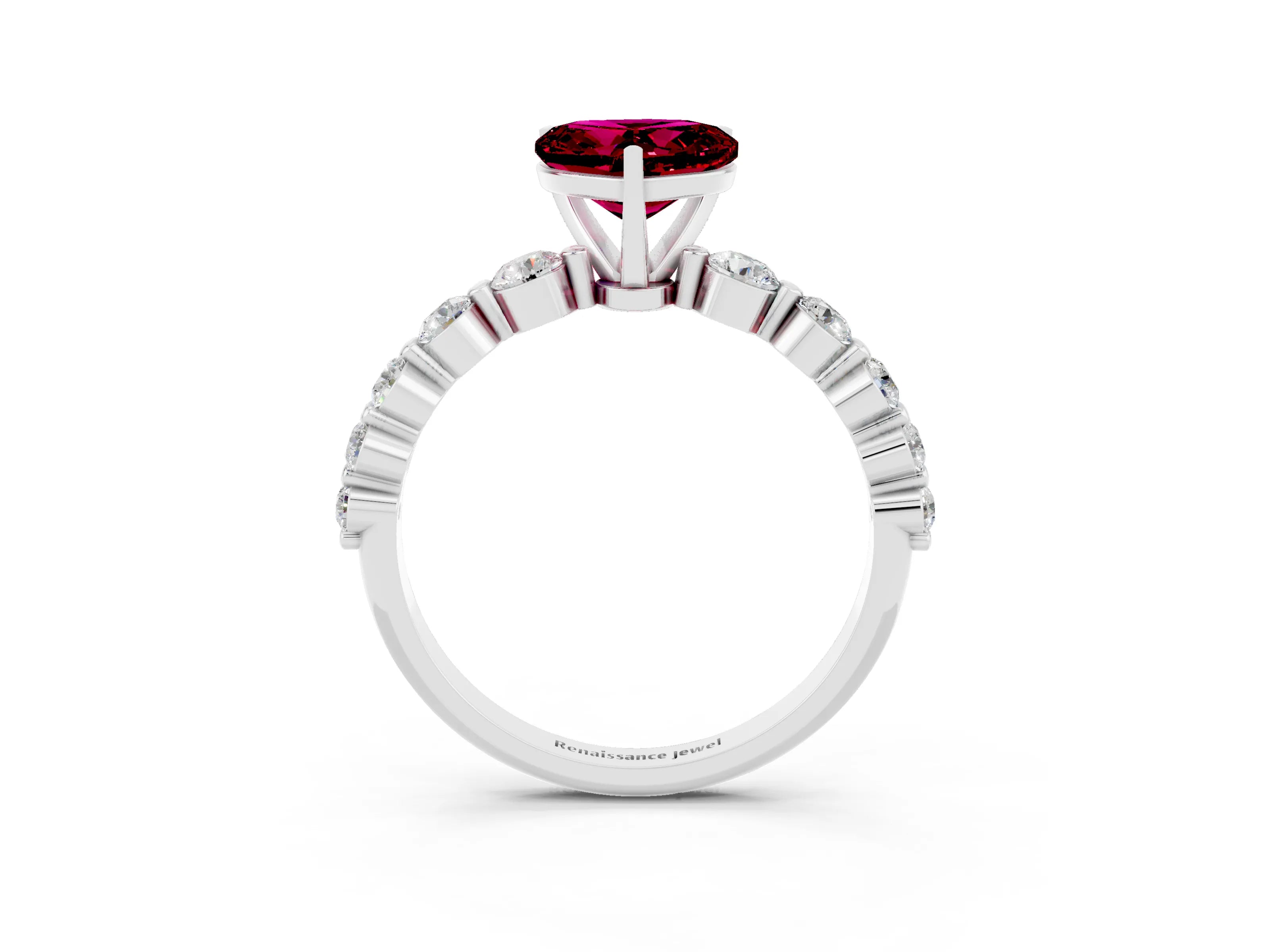 White gold Heart Cut Solitaire Garnet Ring with Pave Band and Four-Prong Setting_3