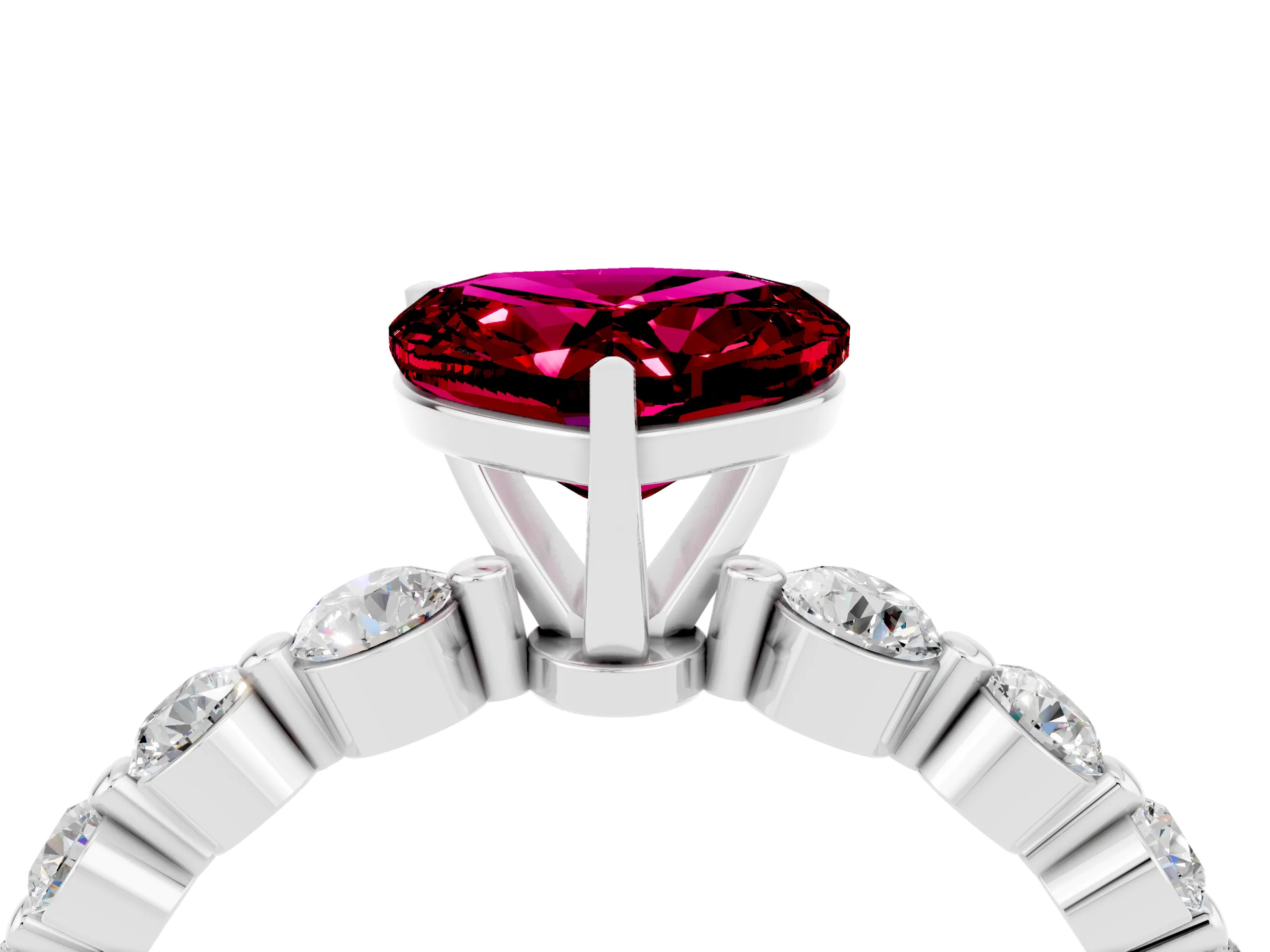 White gold Heart Cut Solitaire Garnet Ring with Pave Band and Four-Prong Setting_4