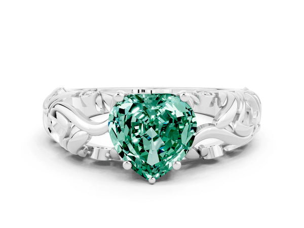 Platinum Heart Cut Solitaire Green Sapphire Leaf-Inspired Vine Band Ring with Prong Setting