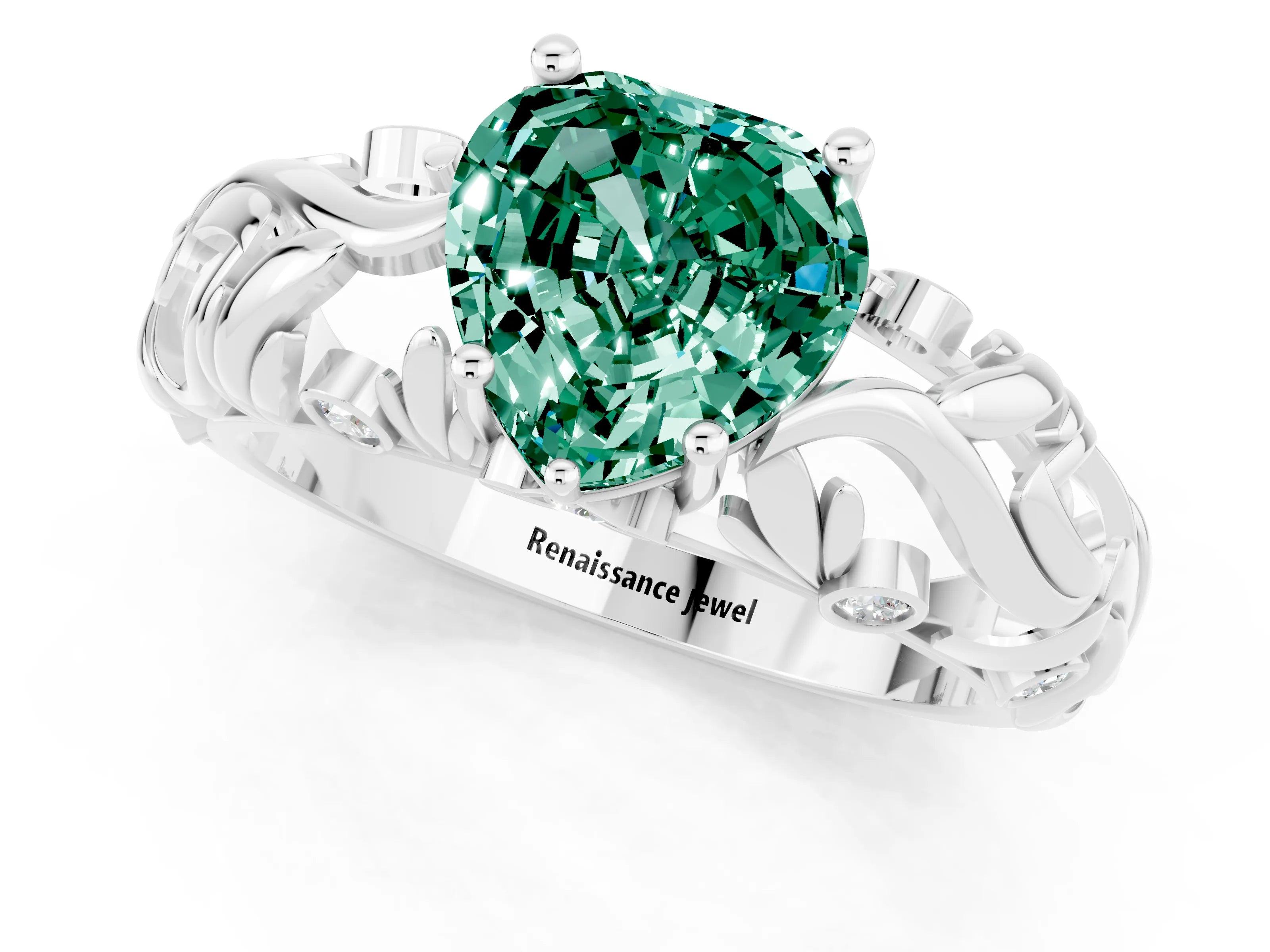 White gold Heart Cut Solitaire Green Sapphire Leaf-Inspired Vine Band Ring with Prong Setting_1