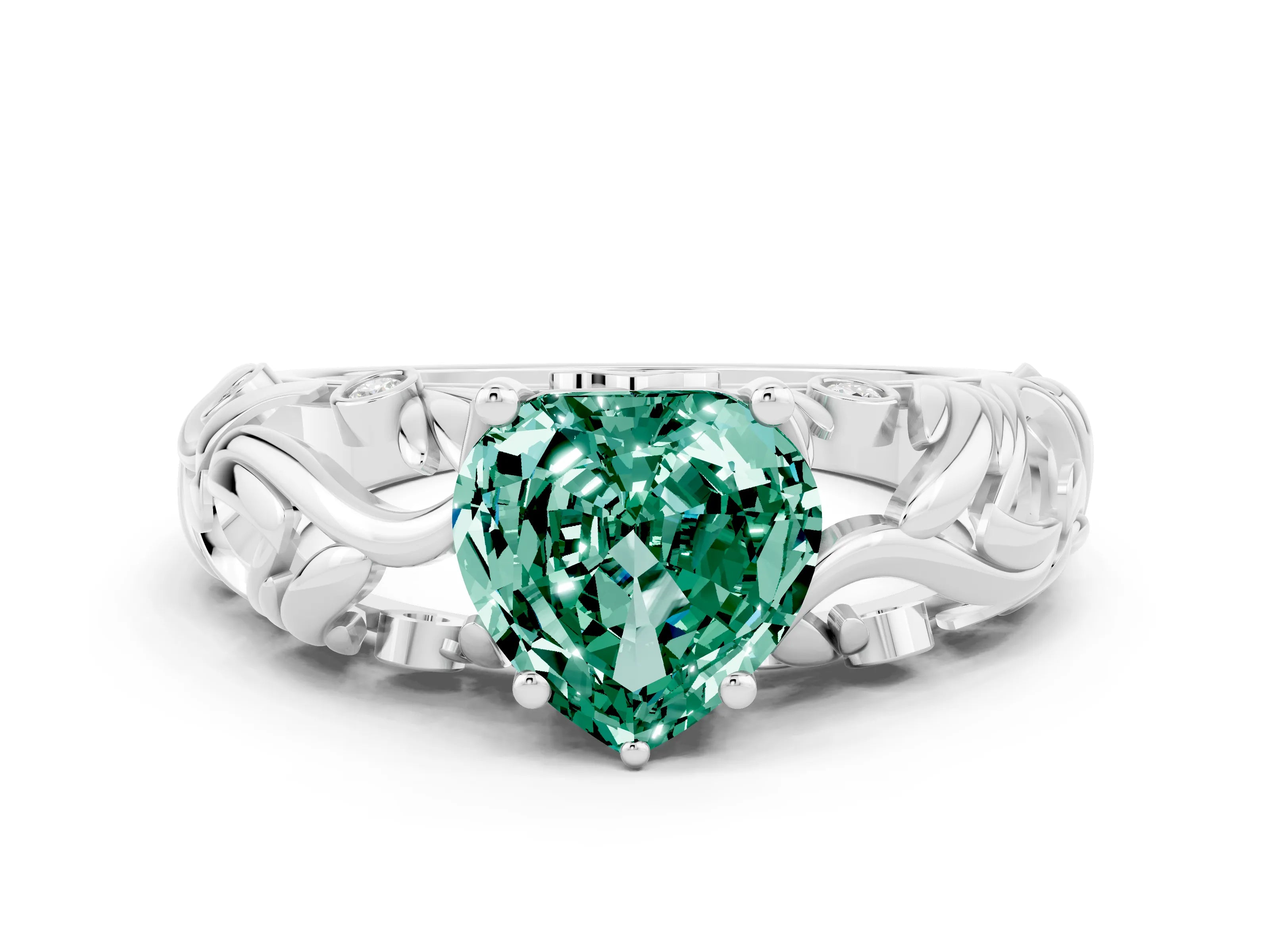 White gold Heart Cut Solitaire Green Sapphire Leaf-Inspired Vine Band Ring with Prong Setting