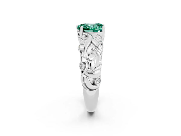 Silver Heart Cut Solitaire Green Sapphire Leaf-Inspired Vine Band Ring with Prong Setting