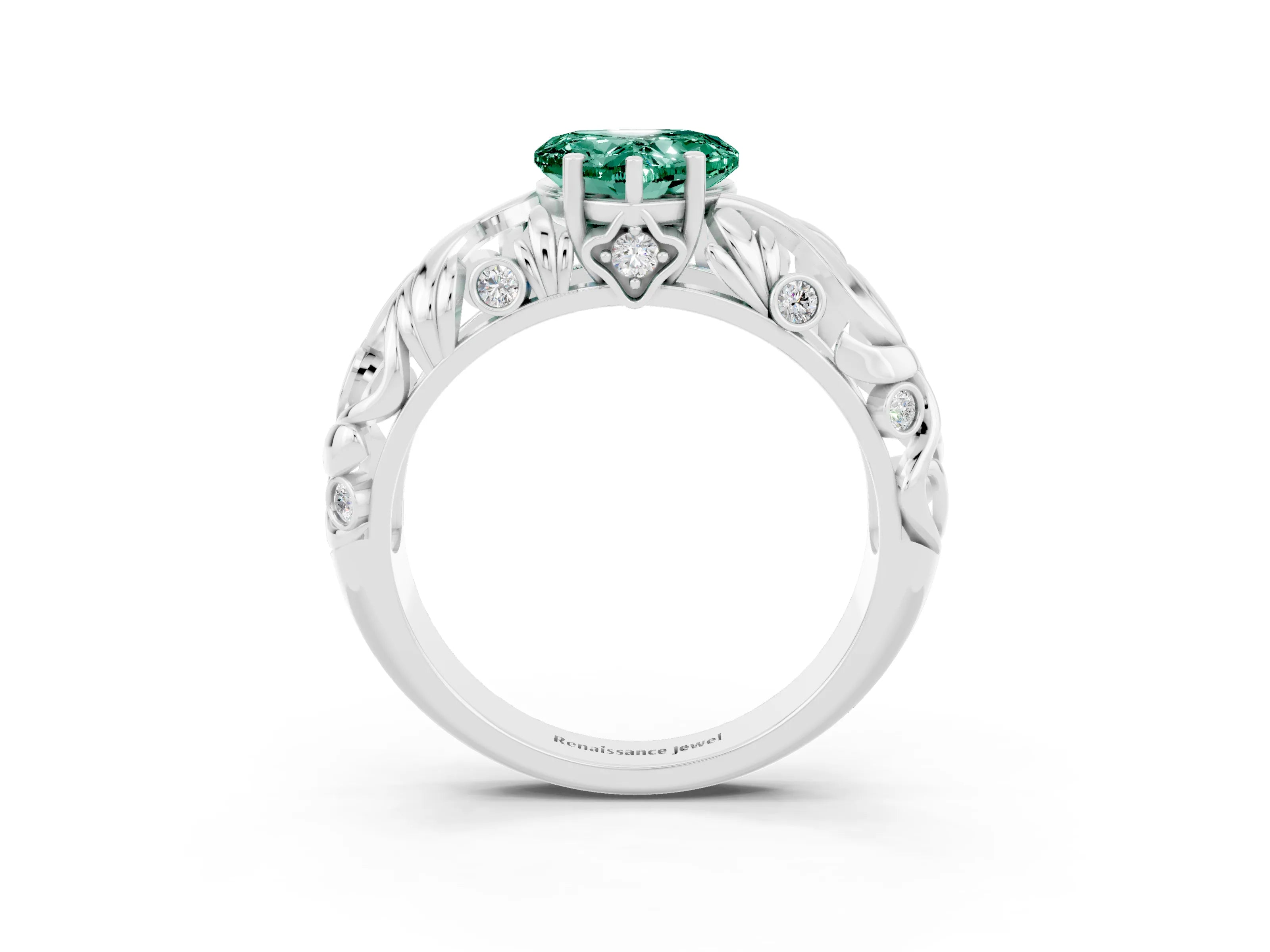 White gold Heart Cut Solitaire Green Sapphire Leaf-Inspired Vine Band Ring with Prong Setting_3