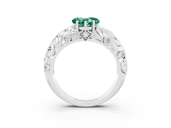 White gold Heart Cut Solitaire Green Sapphire Leaf-Inspired Vine Band Ring with Prong Setting