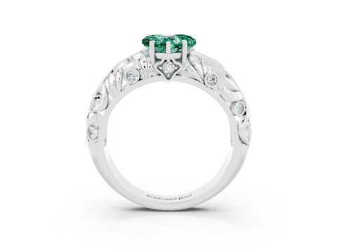 White gold Heart Cut Solitaire Green Sapphire Leaf-Inspired Vine Band Ring with Prong Setting_3