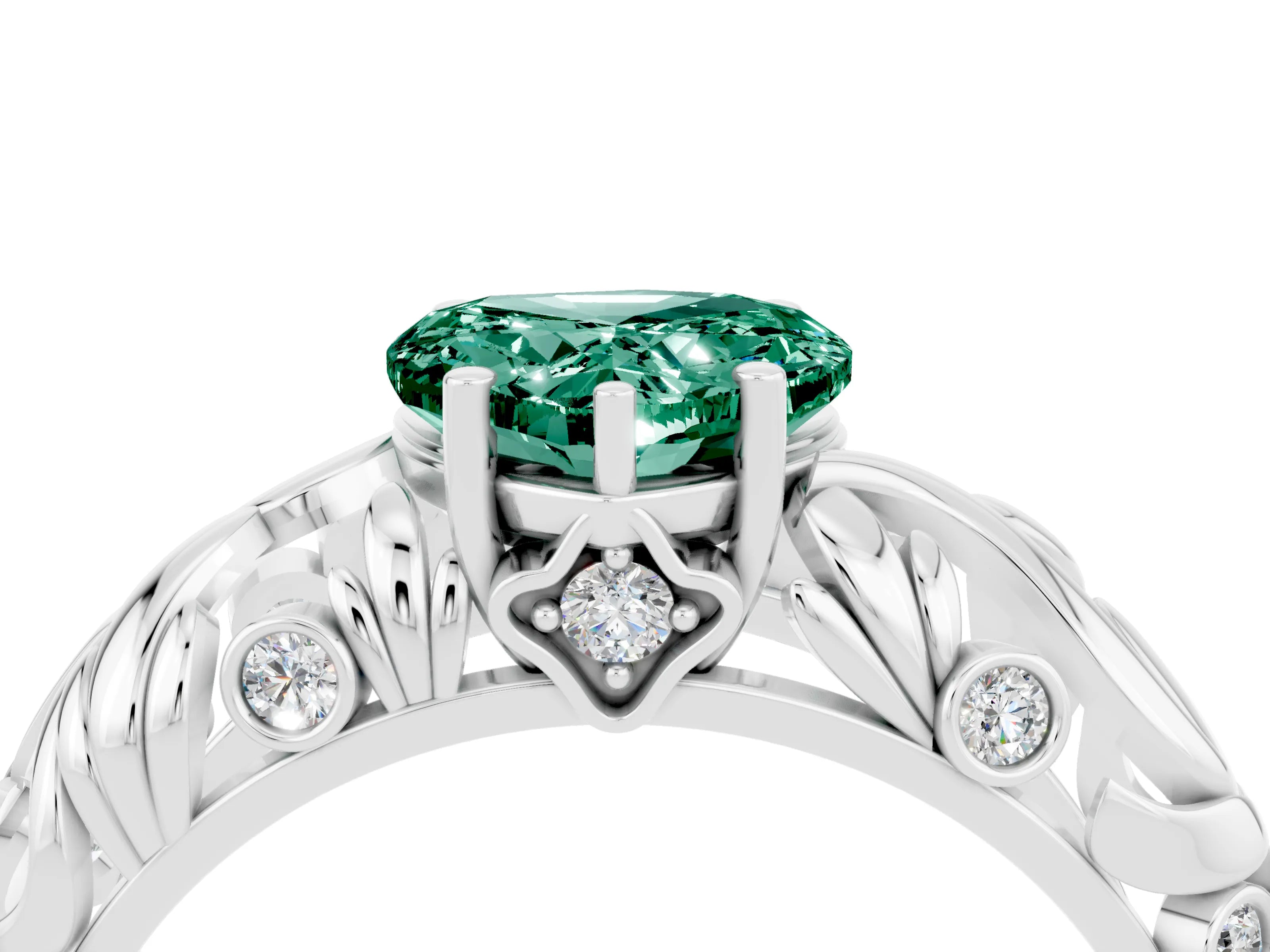 White gold Heart Cut Solitaire Green Sapphire Leaf-Inspired Vine Band Ring with Prong Setting_4