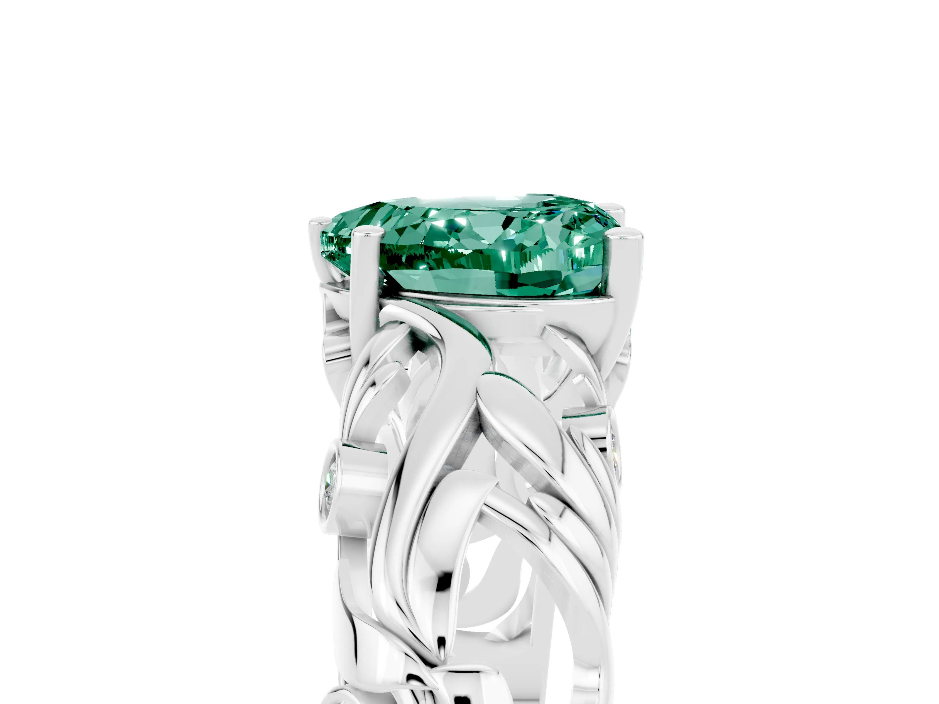 White gold Heart Cut Solitaire Green Sapphire Leaf-Inspired Vine Band Ring with Prong Setting_5