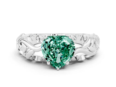 White gold Heart Cut Solitaire Green Sapphire Leaf-Inspired Vine Band Ring with Prong Setting