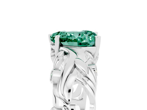 White gold Heart Cut Solitaire Green Sapphire Leaf-Inspired Vine Band Ring with Prong Setting_5