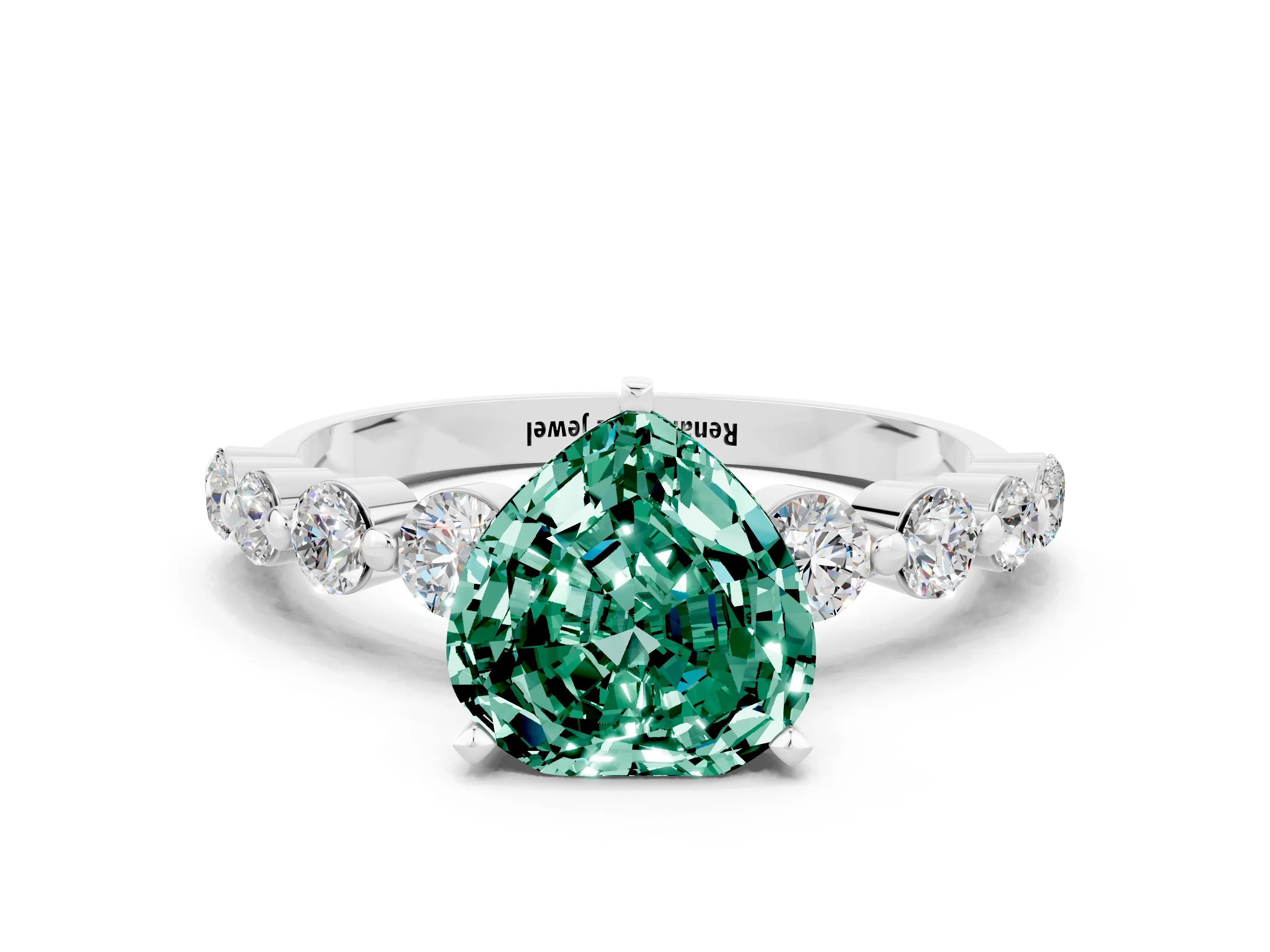 White gold Heart Cut Solitaire Green Sapphire Ring with Pave Band and Four-Prong Setting