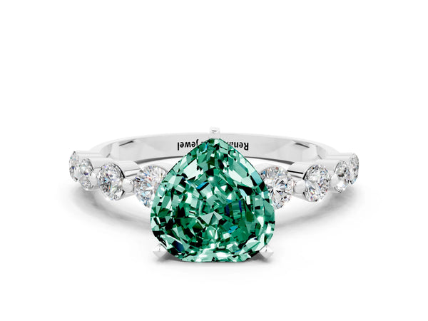 Platinum Heart Cut Solitaire Green Sapphire Ring with Pave Band and Four-Prong Setting
