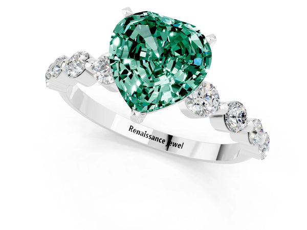 Platinum Heart Cut Solitaire Green Sapphire Ring with Pave Band and Four-Prong Setting