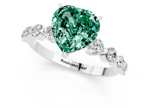 White gold Heart Cut Solitaire Green Sapphire Ring with Pave Band and Four-Prong Setting_1