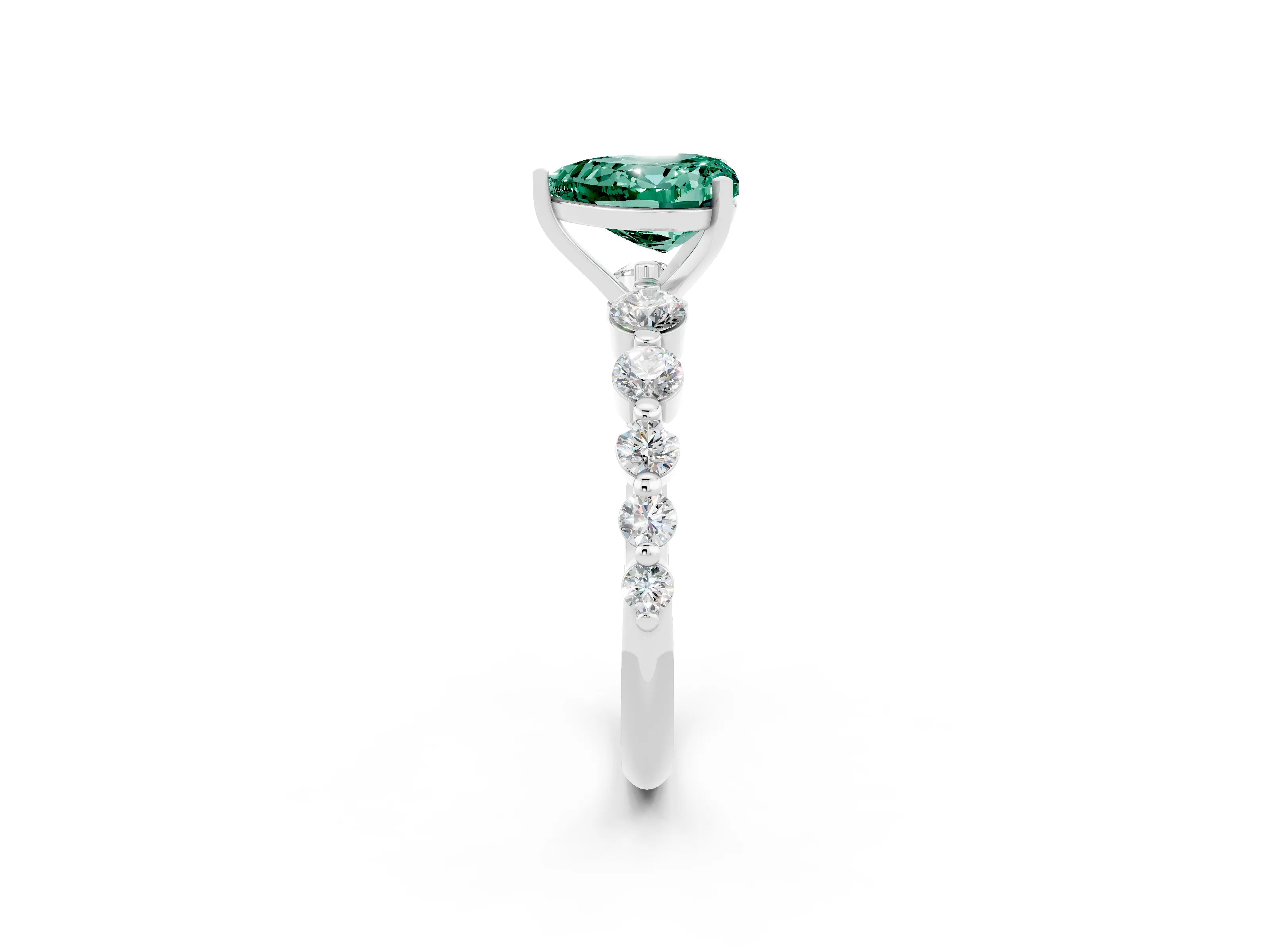 White gold Heart Cut Solitaire Green Sapphire Ring with Pave Band and Four-Prong Setting_2