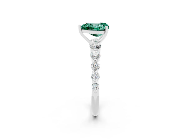 Silver Heart Cut Solitaire Green Sapphire Ring with Pave Band and Four-Prong Setting