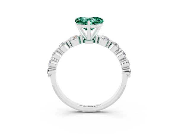 Silver Heart Cut Solitaire Green Sapphire Ring with Pave Band and Four-Prong Setting