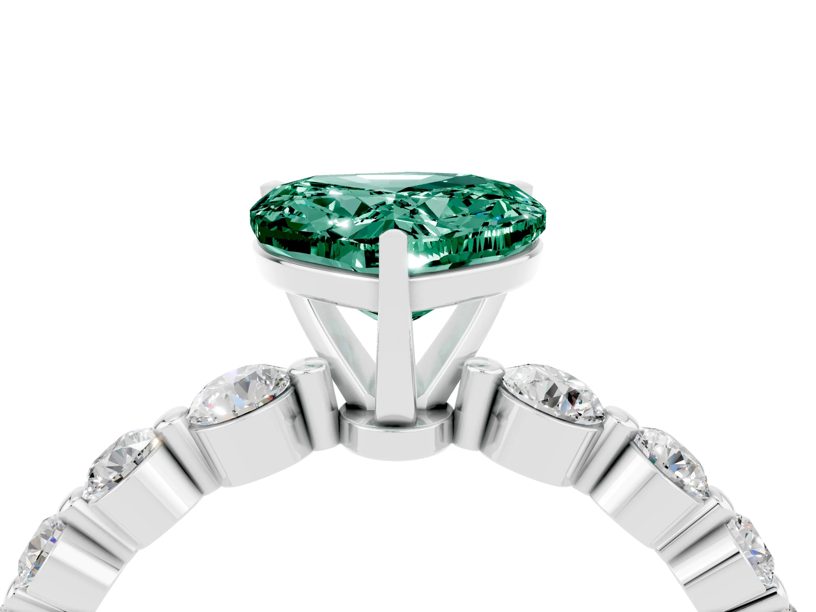 White gold Heart Cut Solitaire Green Sapphire Ring with Pave Band and Four-Prong Setting_4