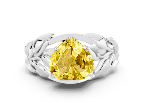 White gold Heart Cut Solitaire Leaf-Inspired Engagement Ring with Prong Setting