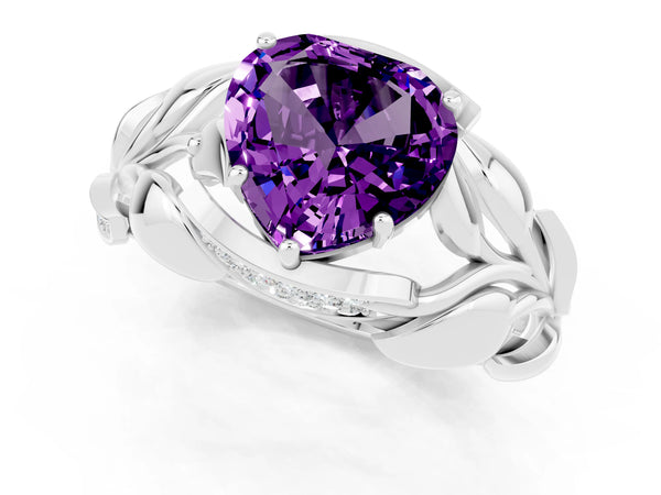 Silver Heart Cut Amethyst Leaf-Inspired Engagement Ring with Round Accents and Prong Setting