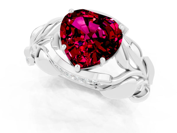 Silver Heart Cut Garnet Leaf-Inspired Engagement Ring with Round Accents and Prong Setting