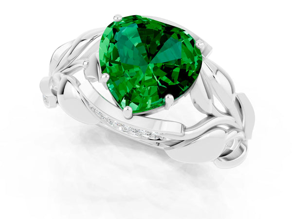 Silver Heart Cut Emerald Leaf-Inspired Engagement Ring with Round Accents and Prong Setting