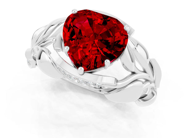 White gold Heart Cut Ruby Leaf-Inspired Engagement Ring with Round Accents and Prong Setting