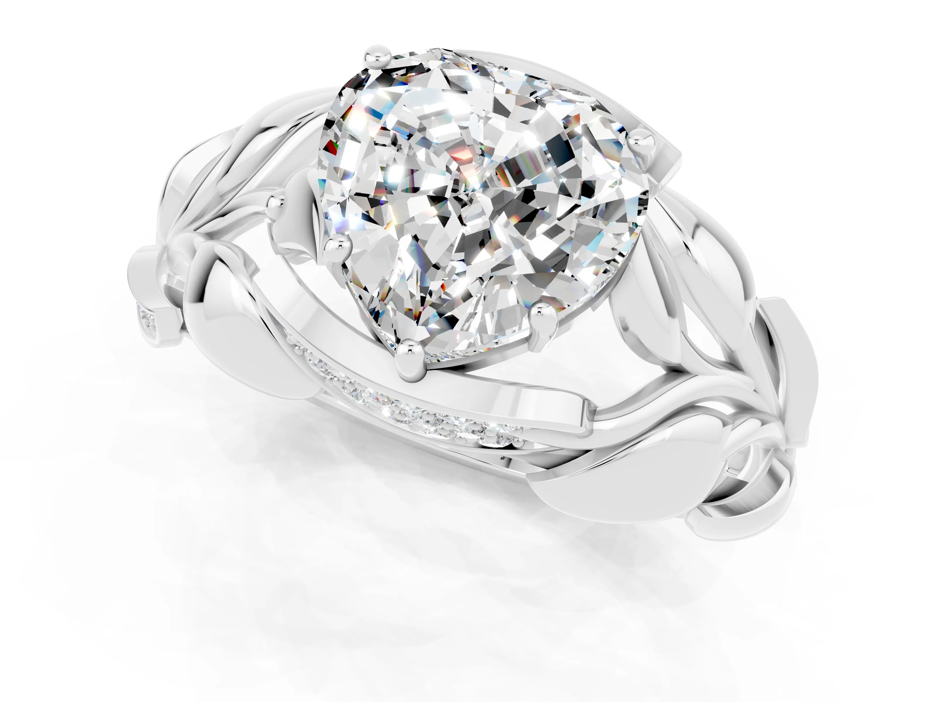 White gold Heart Cut Solitaire Leaf-Inspired Engagement Ring with Prong Setting_1