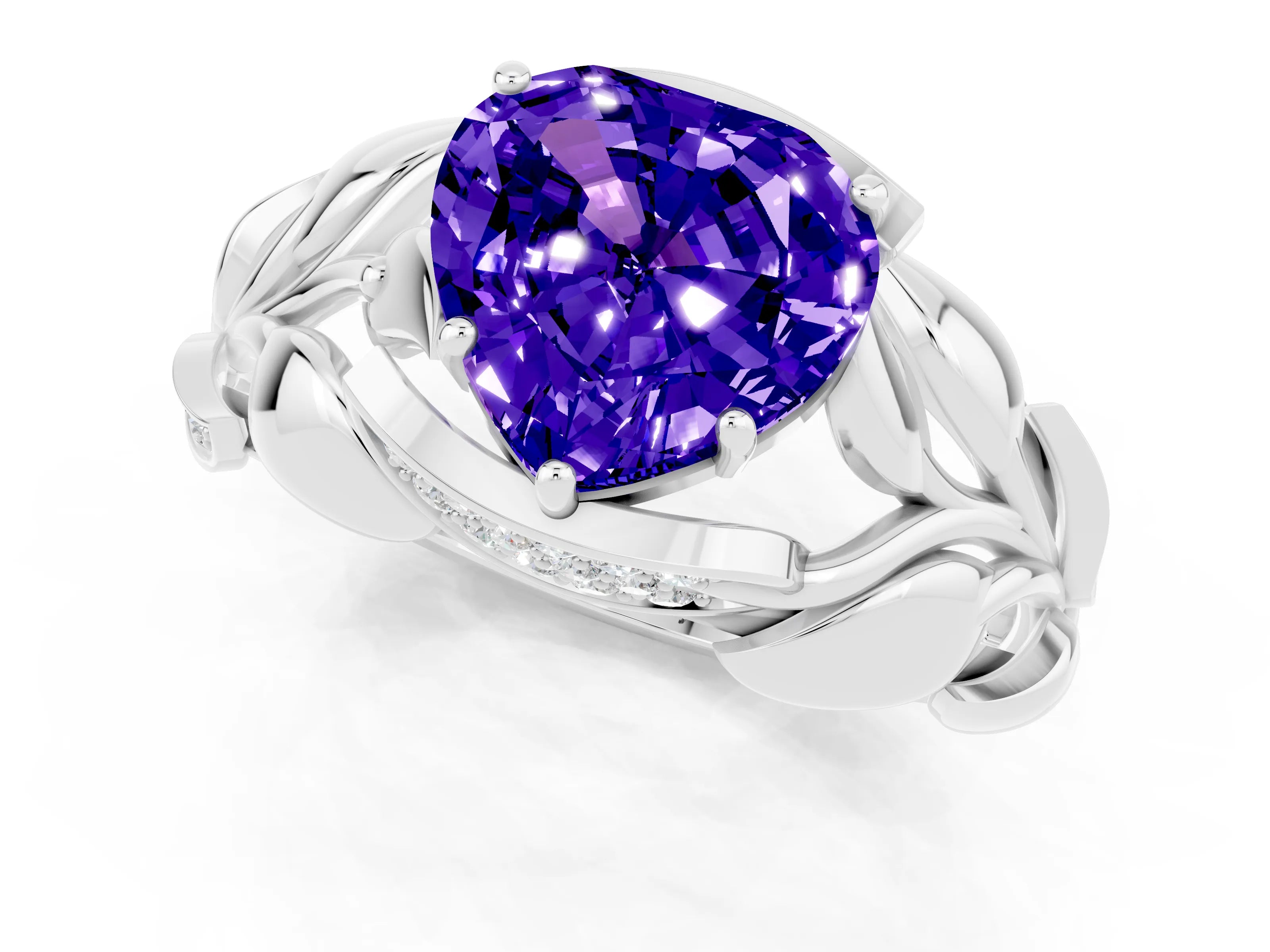 White gold Heart Cut Solitaire Leaf-Inspired Engagement Ring with Prong Setting_1