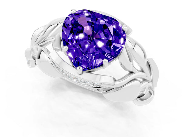 Silver Heart Cut Tanzanite Leaf-Inspired Engagement Ring with Round Accents and Prong Setting