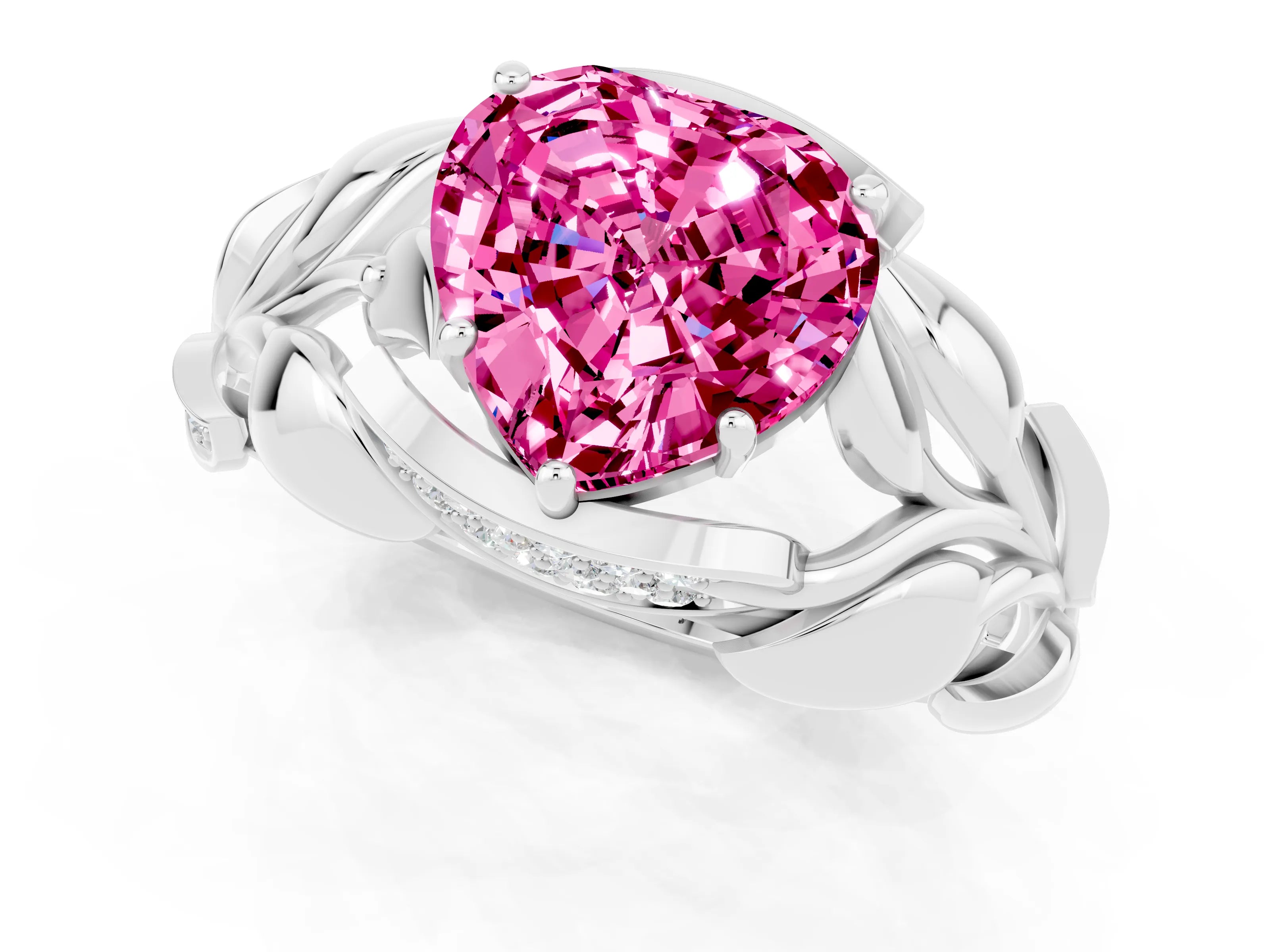White gold Heart Cut Solitaire Leaf-Inspired Engagement Ring with Prong Setting_1