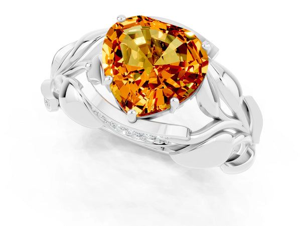Silver Heart Cut Citrine Leaf-Inspired Engagement Ring with Round Accents and Prong Setting