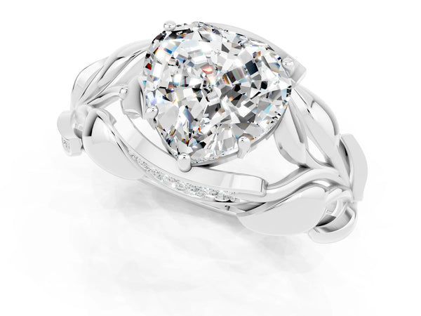 Silver Heart Cut Moissanite Leaf-Inspired Engagement Ring with Round Accents and Prong Setting