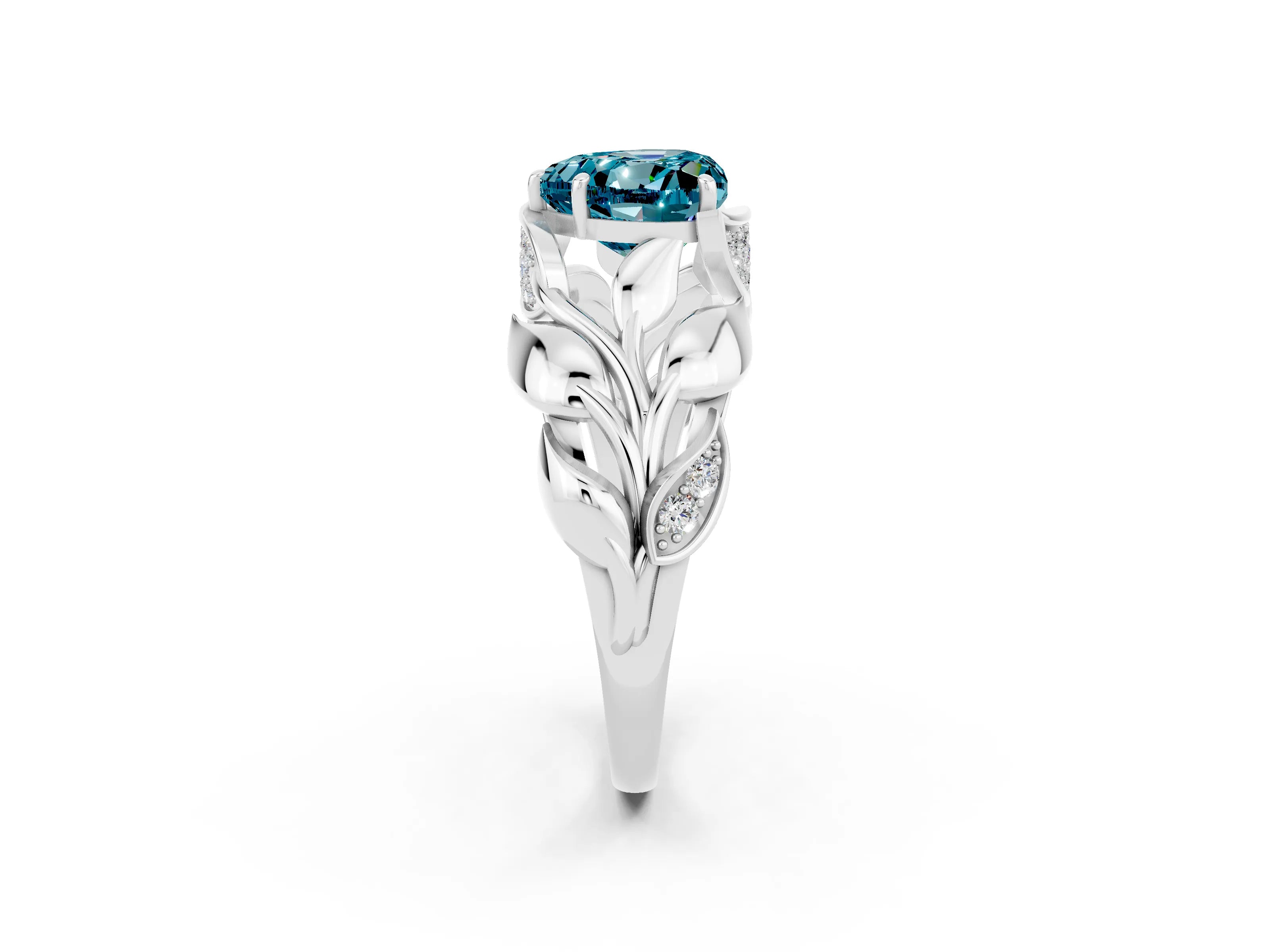 White gold Heart Cut Solitaire Leaf-Inspired Engagement Ring with Prong Setting_2