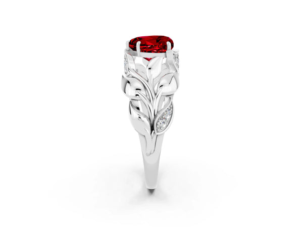 White gold Heart Cut Ruby Leaf-Inspired Engagement Ring with Round Accents and Prong Setting