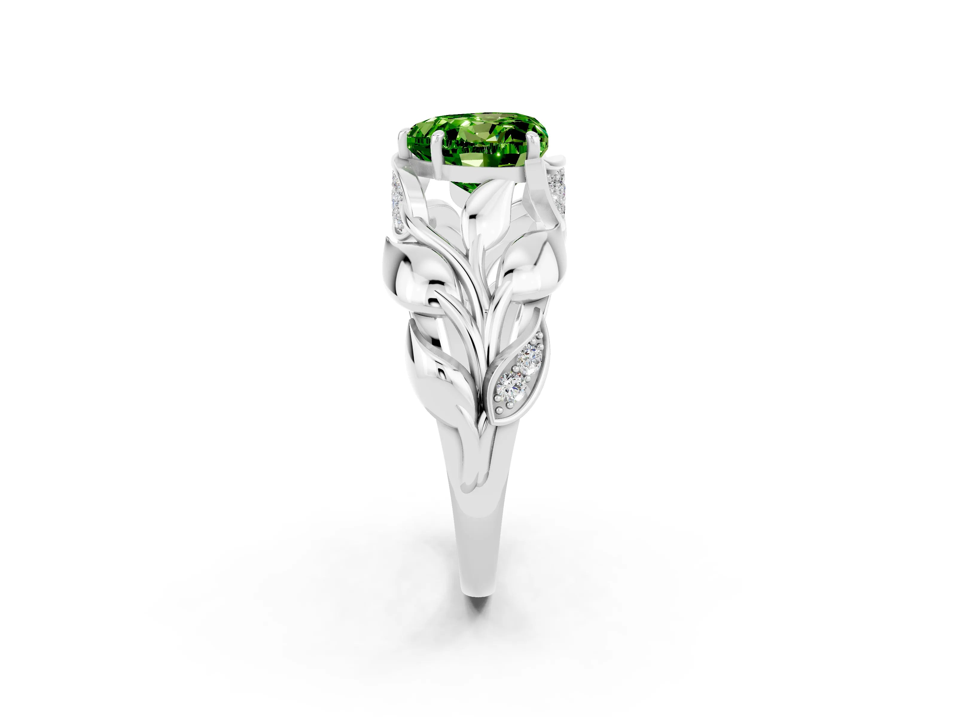 White gold Heart Cut Solitaire Leaf-Inspired Engagement Ring with Prong Setting_2