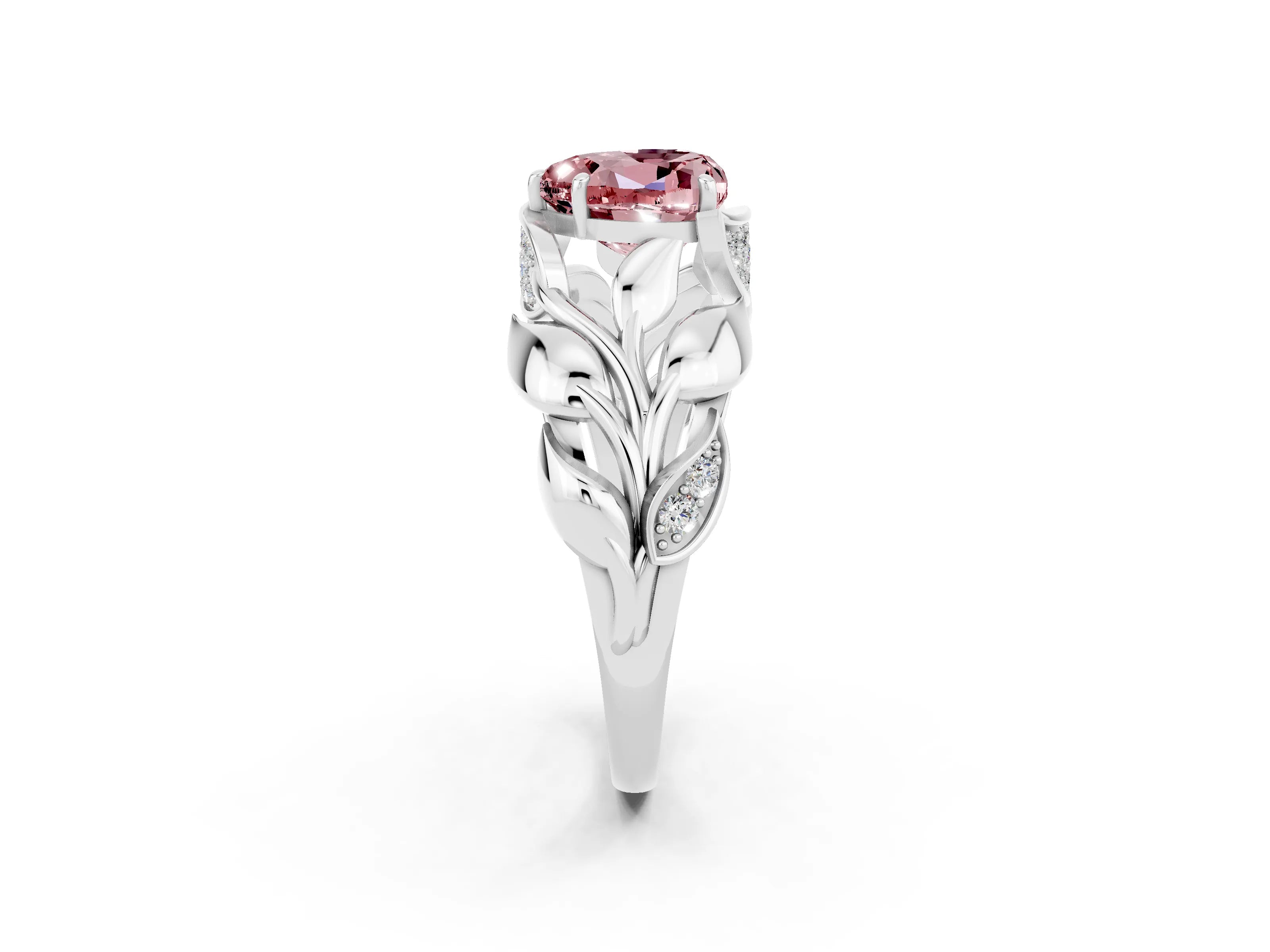 White gold Heart Cut Solitaire Leaf-Inspired Engagement Ring with Prong Setting_2