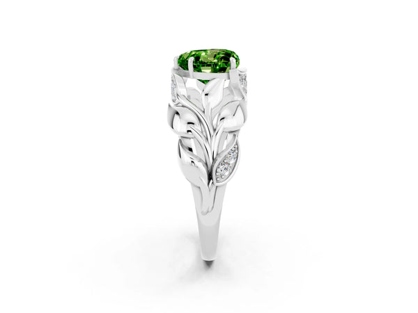 Silver Heart Cut Solitaire Leaf-Inspired Engagement Ring with Prong Setting
