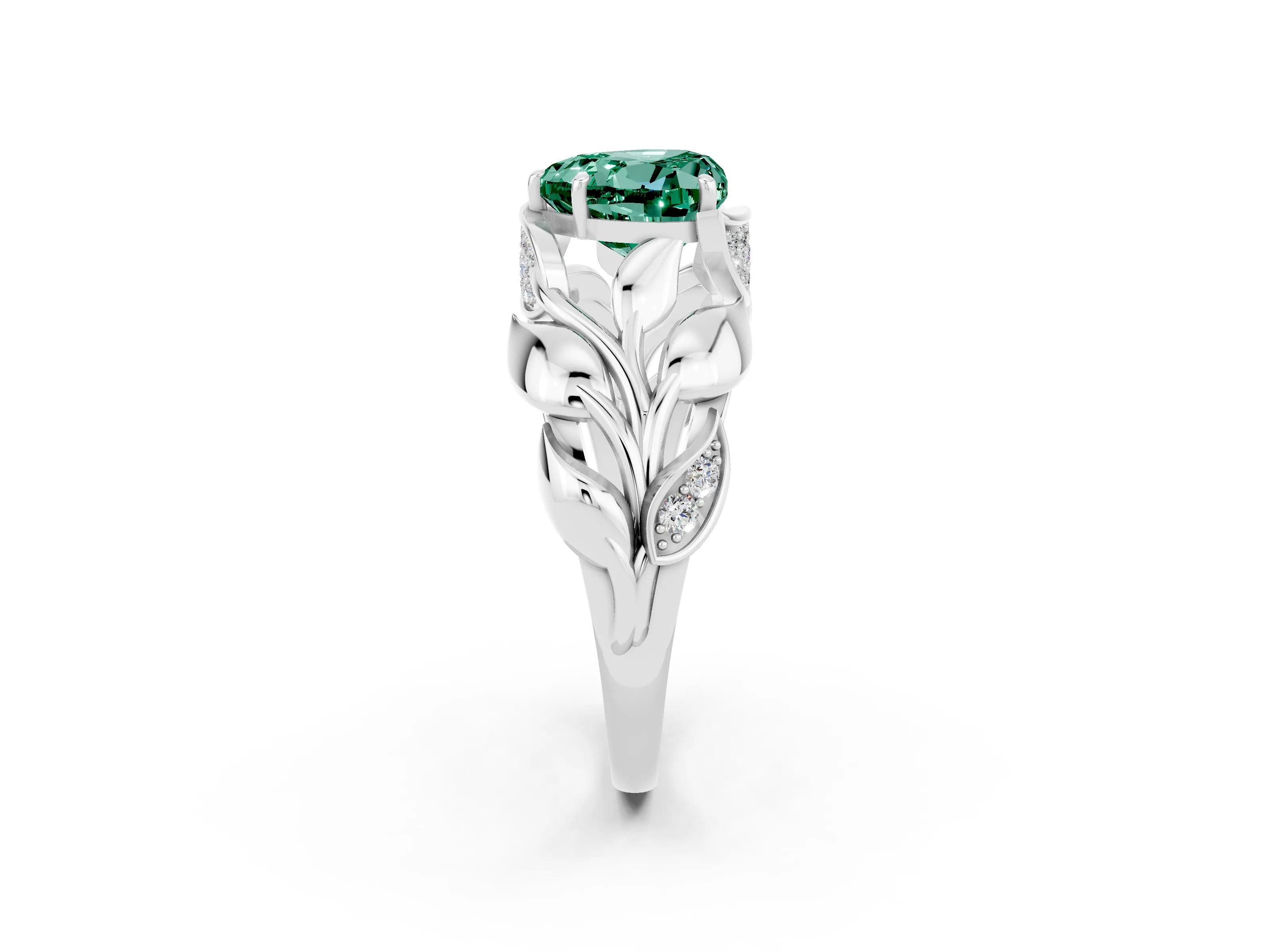 White gold Heart Cut Solitaire Leaf-Inspired Engagement Ring with Prong Setting_2