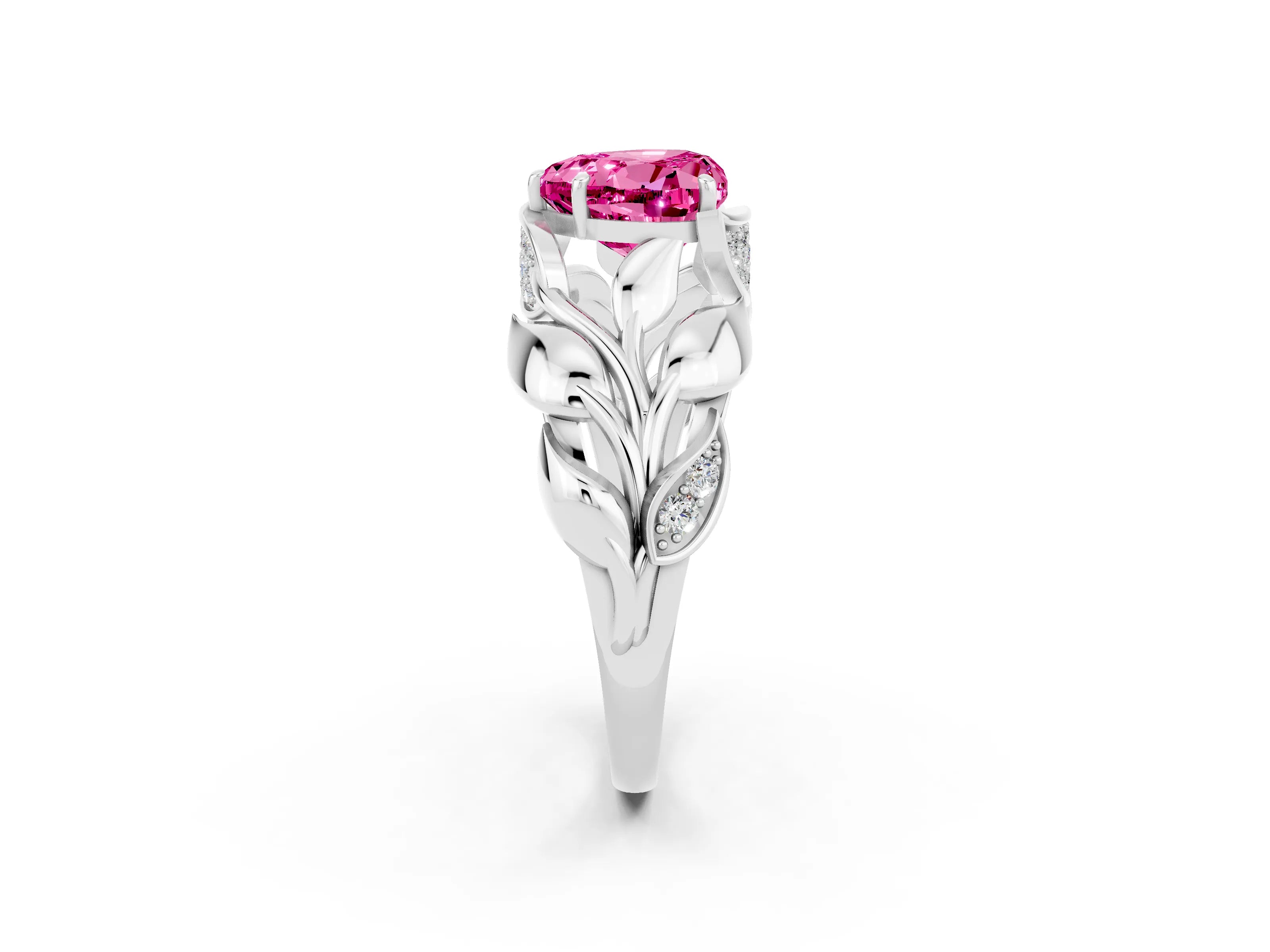 White gold Heart Cut Solitaire Leaf-Inspired Engagement Ring with Prong Setting_2