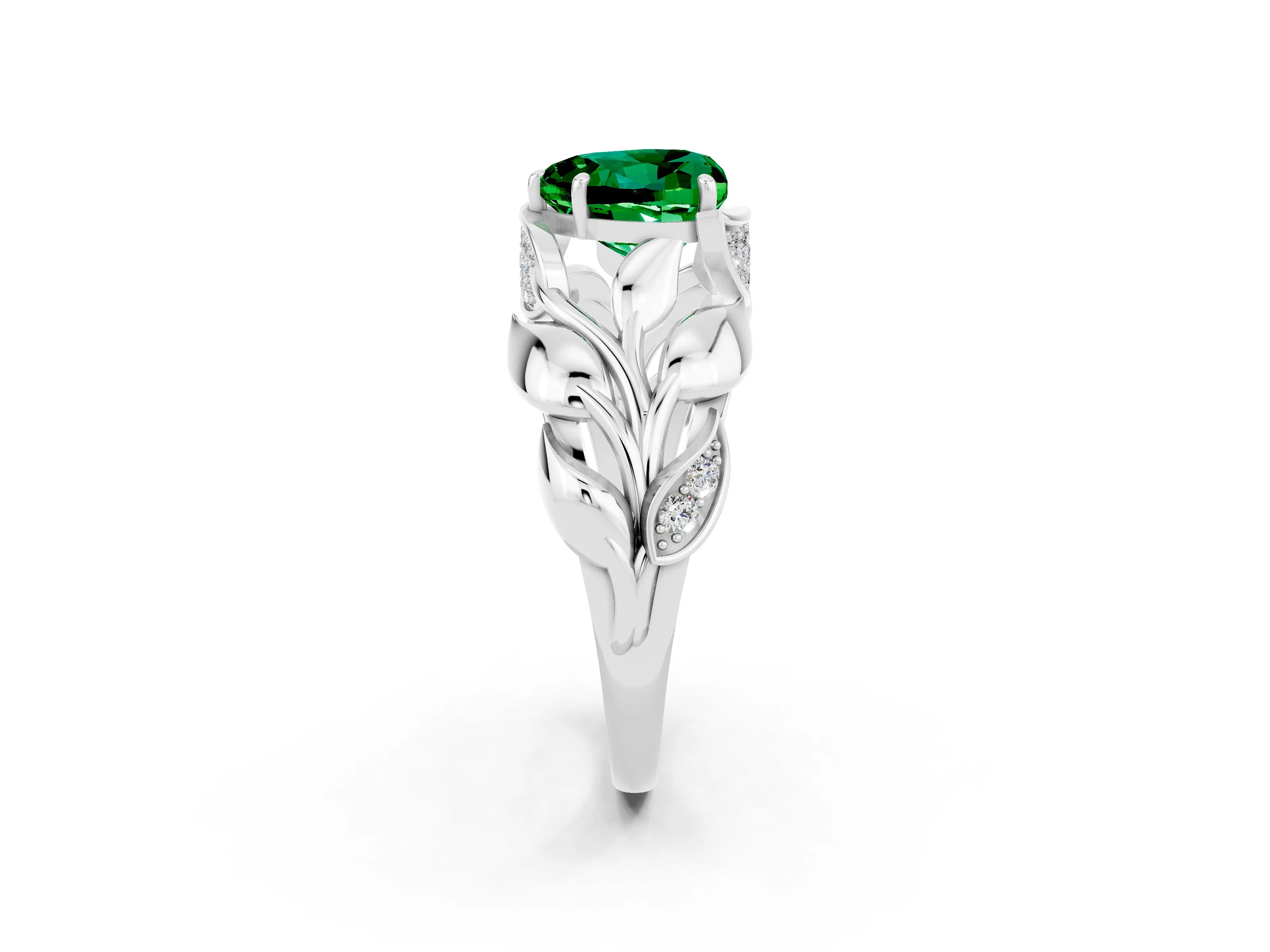 White gold Heart Cut Solitaire Leaf-Inspired Engagement Ring with Prong Setting_2