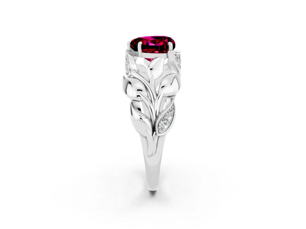 Silver Heart Cut Garnet Leaf-Inspired Engagement Ring with Round Accents and Prong Setting