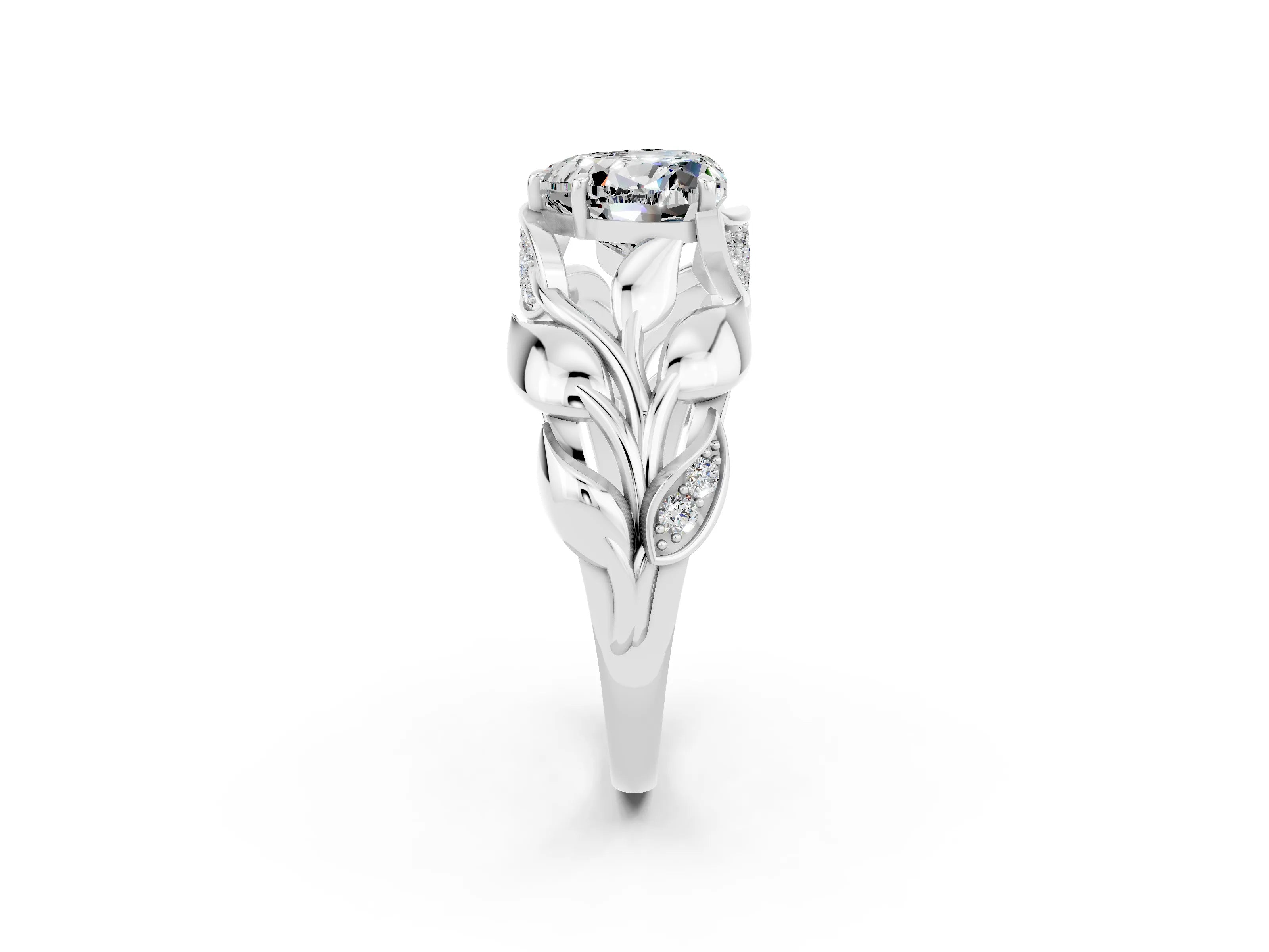White gold Heart Cut Solitaire Leaf-Inspired Engagement Ring with Prong Setting_2