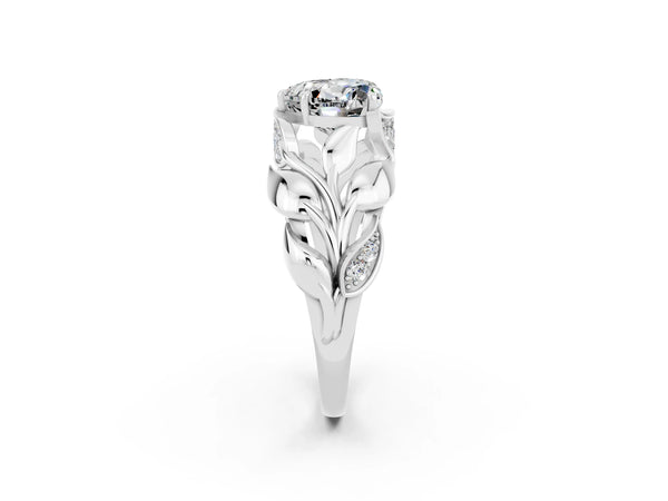 White gold Heart Cut Moissanite Leaf-Inspired Engagement Ring with Round Accents and Prong Setting
