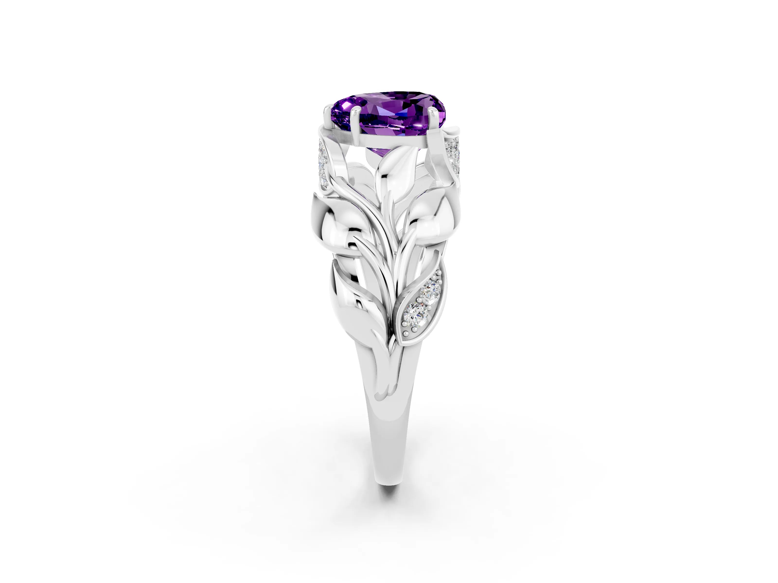 White gold Heart Cut Solitaire Leaf-Inspired Engagement Ring with Prong Setting_2