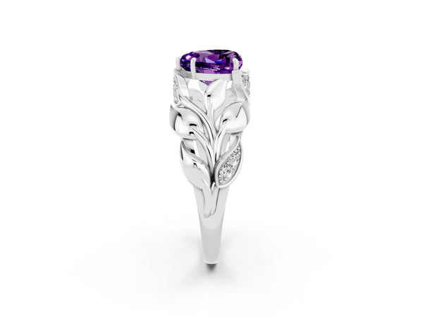White gold Heart Cut Amethyst Leaf-Inspired Engagement Ring with Round Accents and Prong Setting