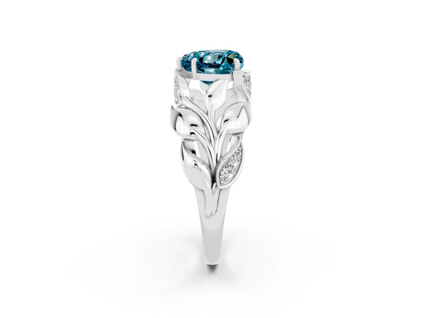Silver Heart Cut Solitaire Leaf-Inspired Engagement Ring with Prong Setting