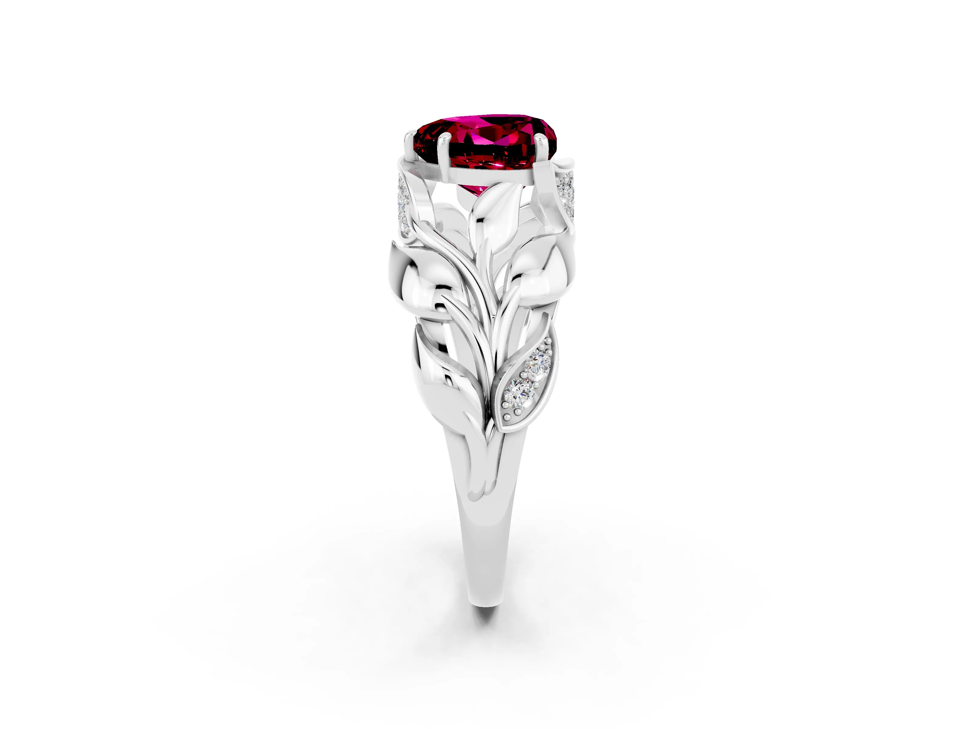 White gold Heart Cut Solitaire Leaf-Inspired Engagement Ring with Prong Setting_2