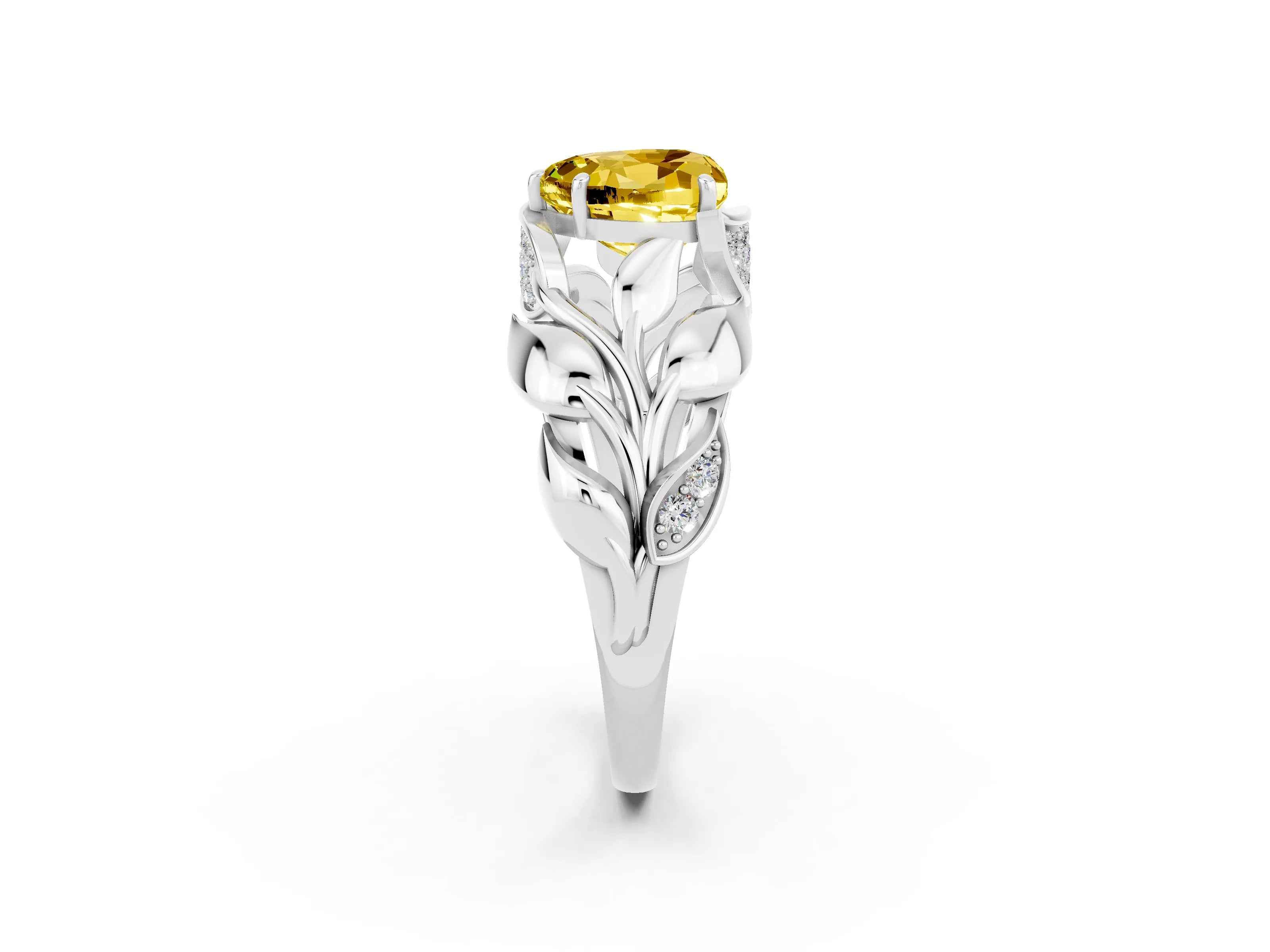 White gold Heart Cut Solitaire Leaf-Inspired Engagement Ring with Prong Setting_2