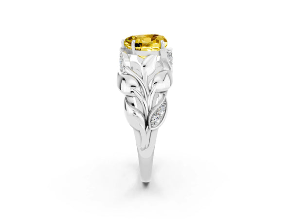 Silver Heart Cut Yellow Sapphire Leaf-Inspired Engagement Ring with Round Accents and Prong Setting